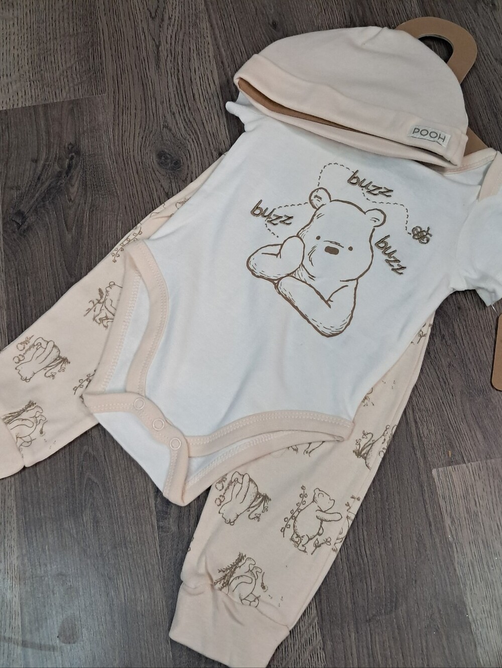 Disney Baby Winnie the Pooh 3 Piece Bodysuit Pants Hat Set Beige 6-9 Months